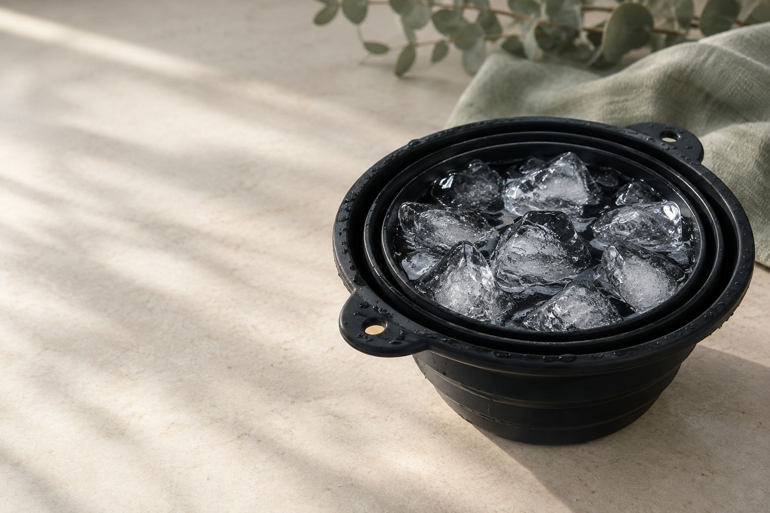 The Freeze Bowl con hielo sobre piedra clara con luz natural