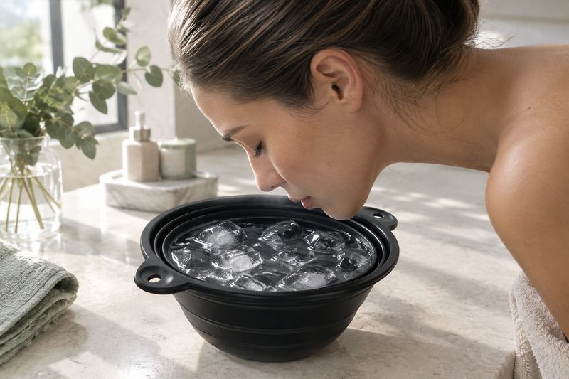 Mujer inclinada hacia el bol lleno de agua y hielo